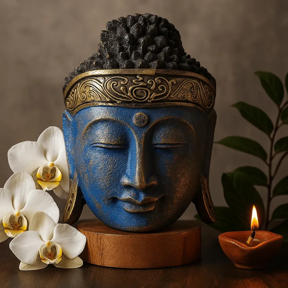 Buddha hode statue håndskåret blått tre 25cm