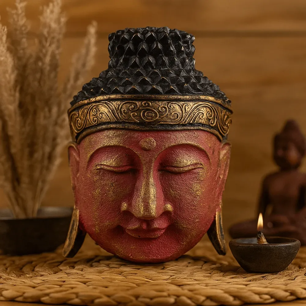 Buddha hode statue tre rød skinnende finish 25cm