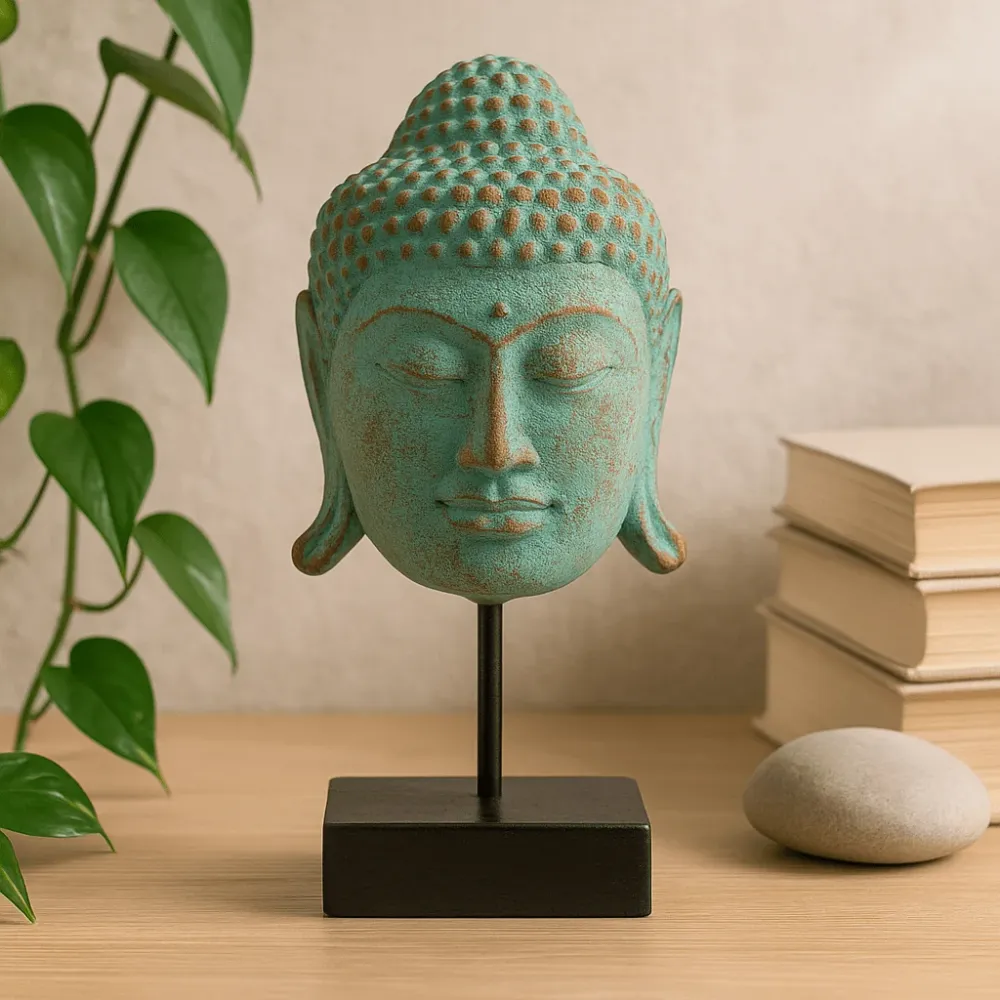 Buddha-hode skulptur grønn kobber stor på stativ