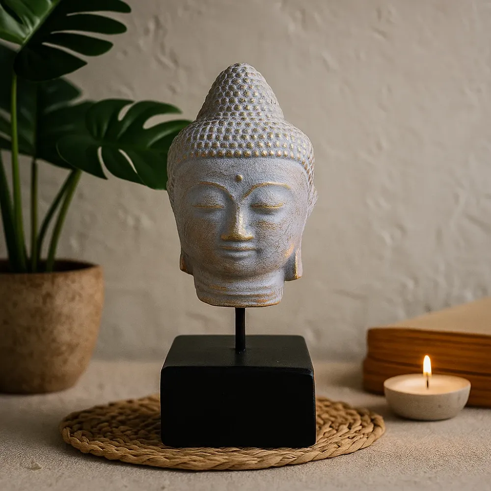 Buddha-hode skulptur på stativ blå kobber