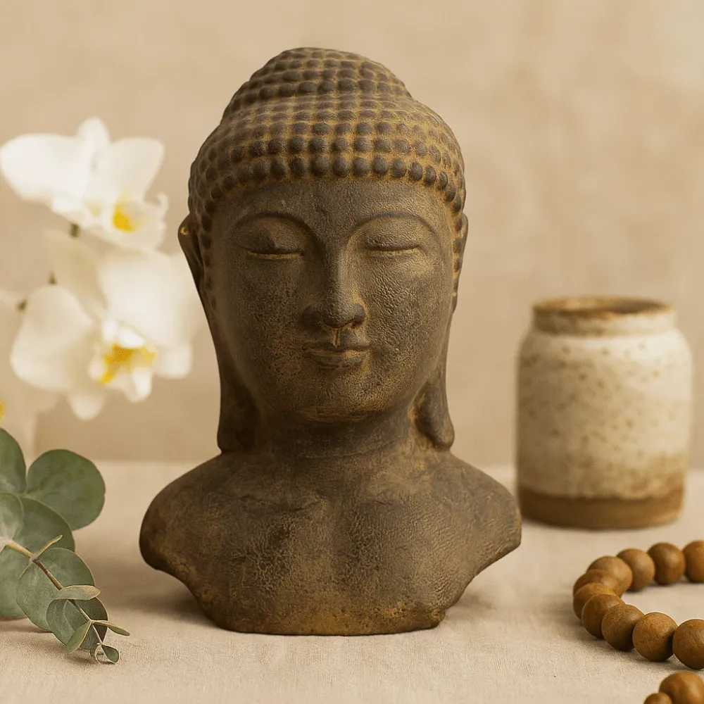 Buddha-hode statue, grå zen dekor