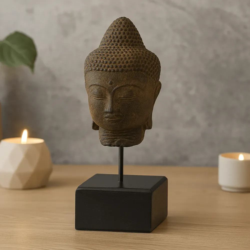 Buddhahode-statue på stativ – grå
