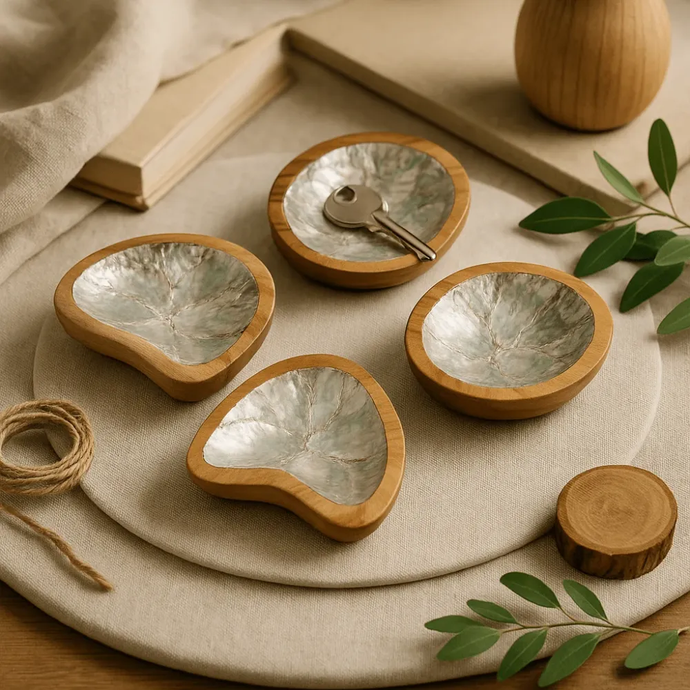Teak mini boller skall dekor sett med 4