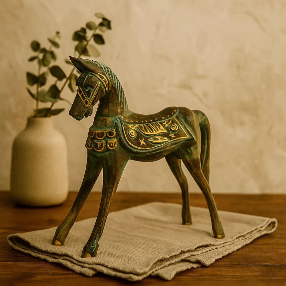 Trehest Statue Stor Gull Turkis 32 cm