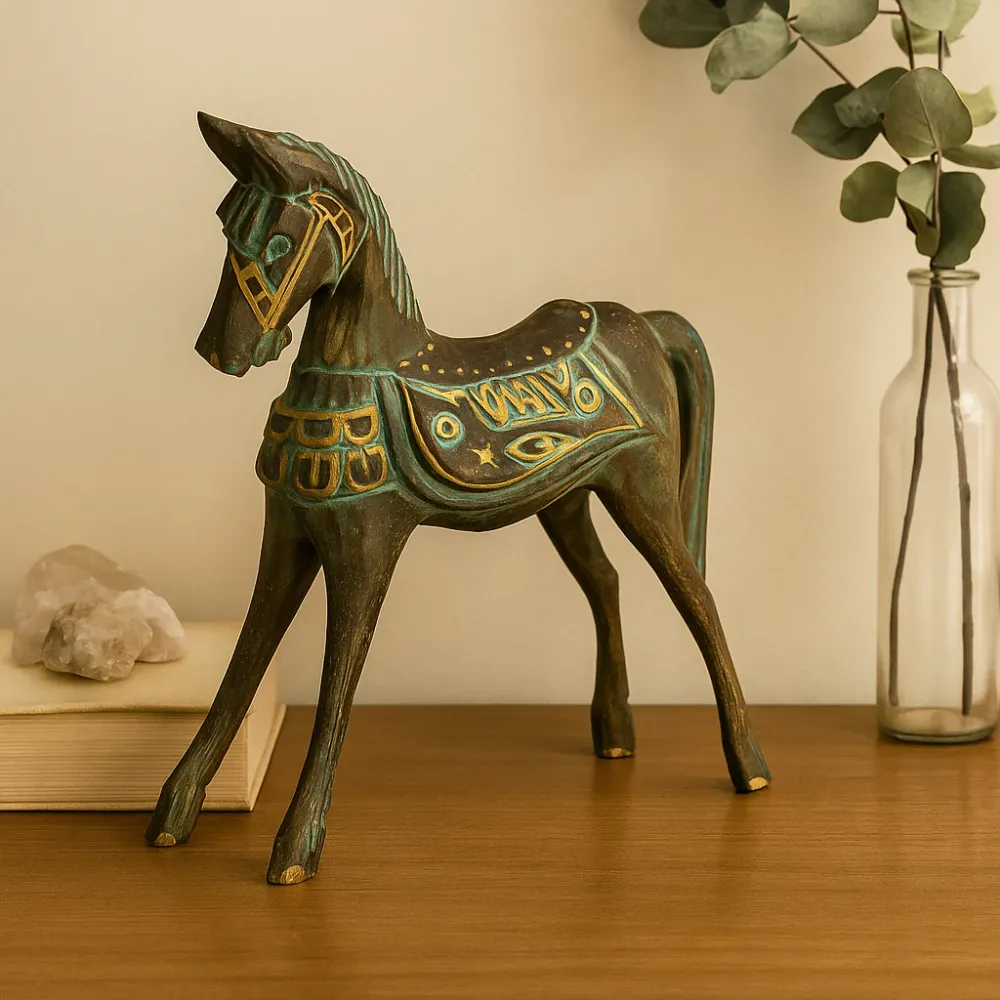 Treheststatue Gull og Turkis 25 cm