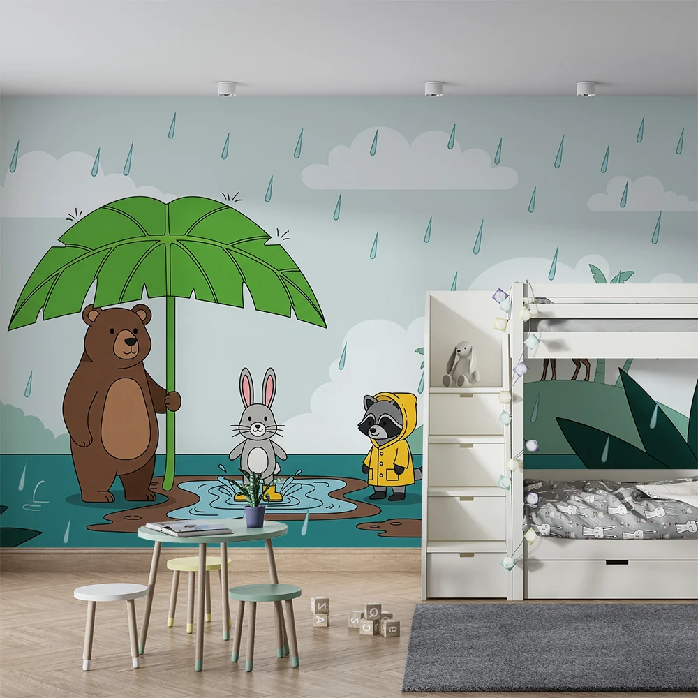 Barnetapet med skogsdyr i regn og et stort blad