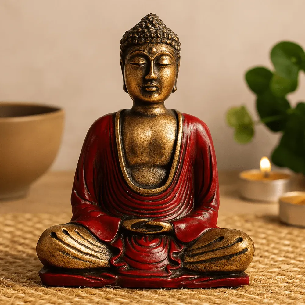 Buddha-statue håndmalt rød og gull resin medium
