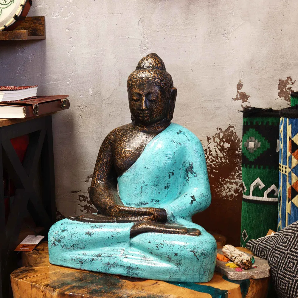 Buddha-statue 0,5 m turkis og steinfinish