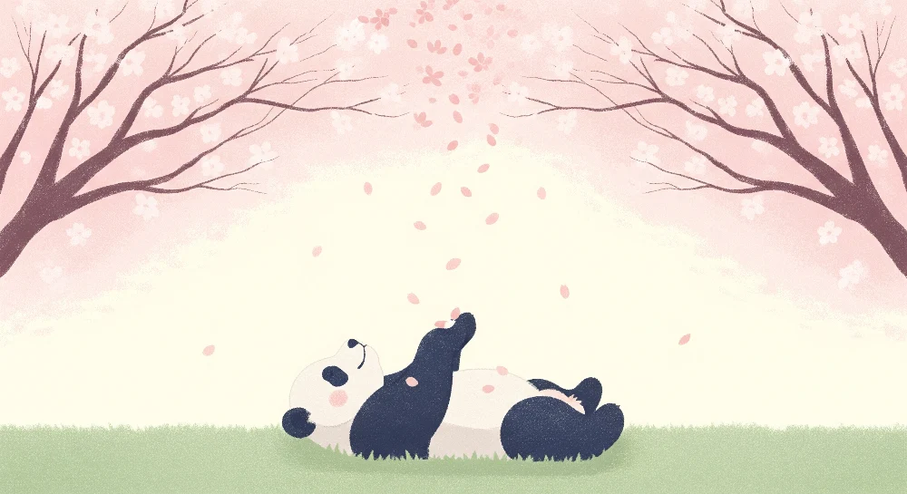 Tapet barnerom | Avslappende panda under blomstrende kirsebærtrær