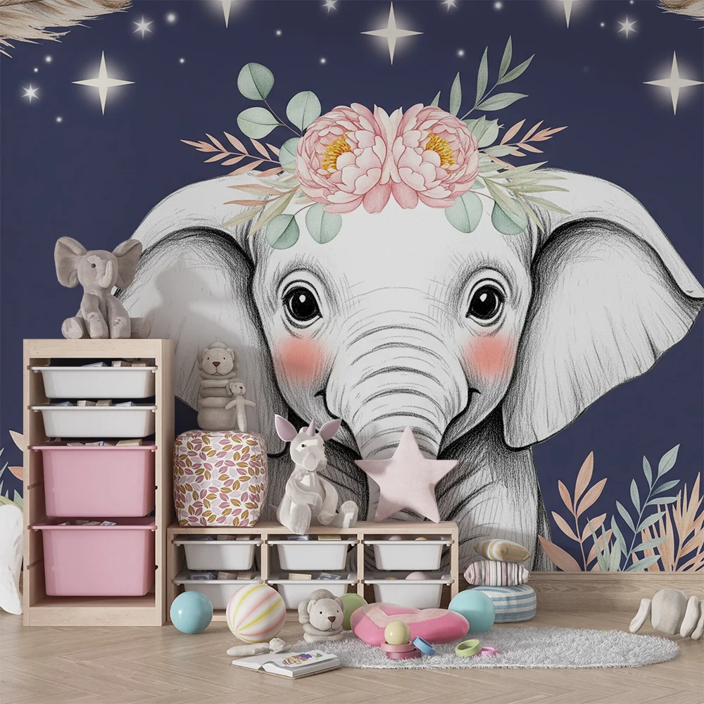 Tapet barnerom | Søt elefant med blomster