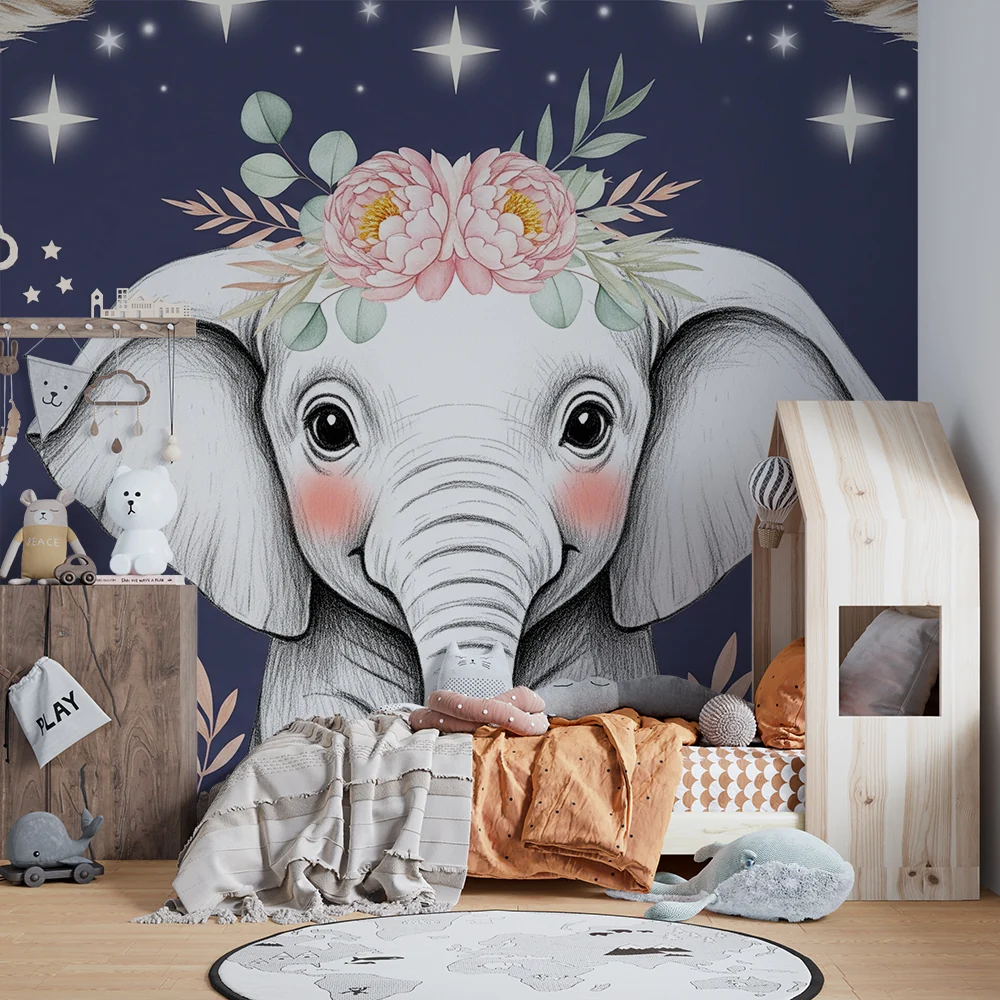 Tapet barnerom | Søt elefant med blomster