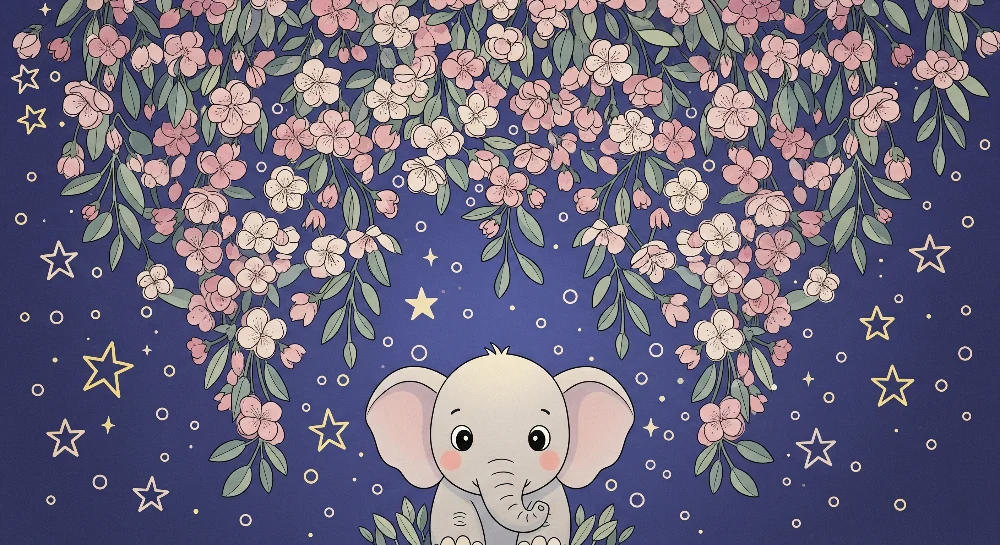 Tapet barnerom | Søt elefant under en stjernehimmel