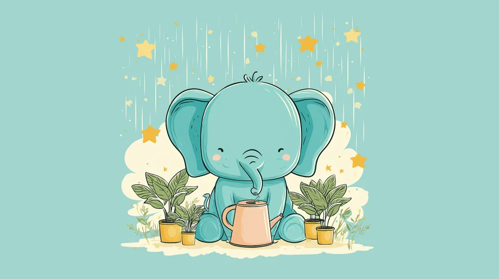 Tapet barnerom | Søt elefant vanner planter under stjernene