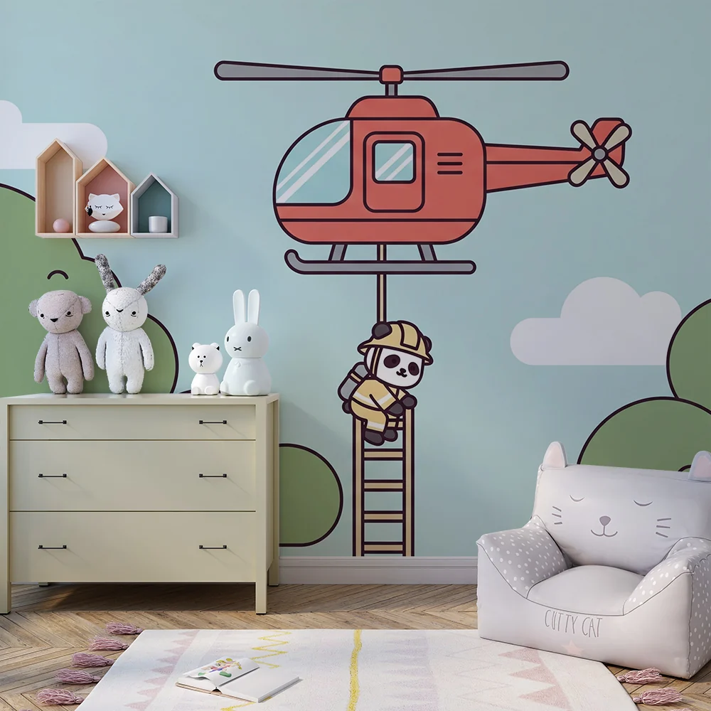 Tapet barnerom | Eventyrpanda og helikopter