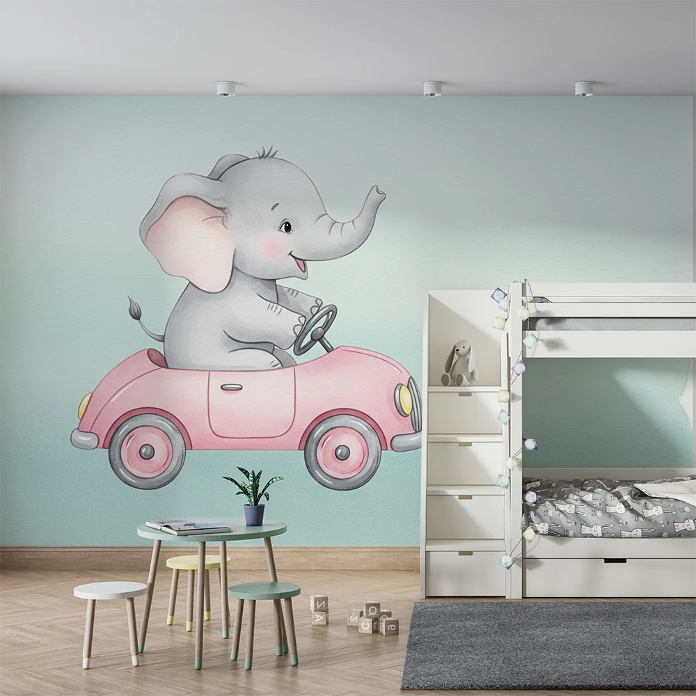 Tapet barnerom | Glad elefant i en rosa bil