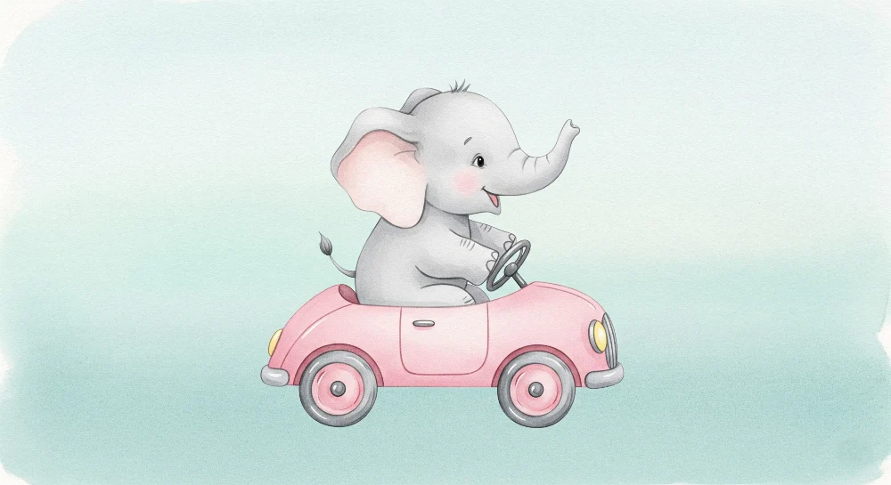 Tapet barnerom | Glad elefant i en rosa bil