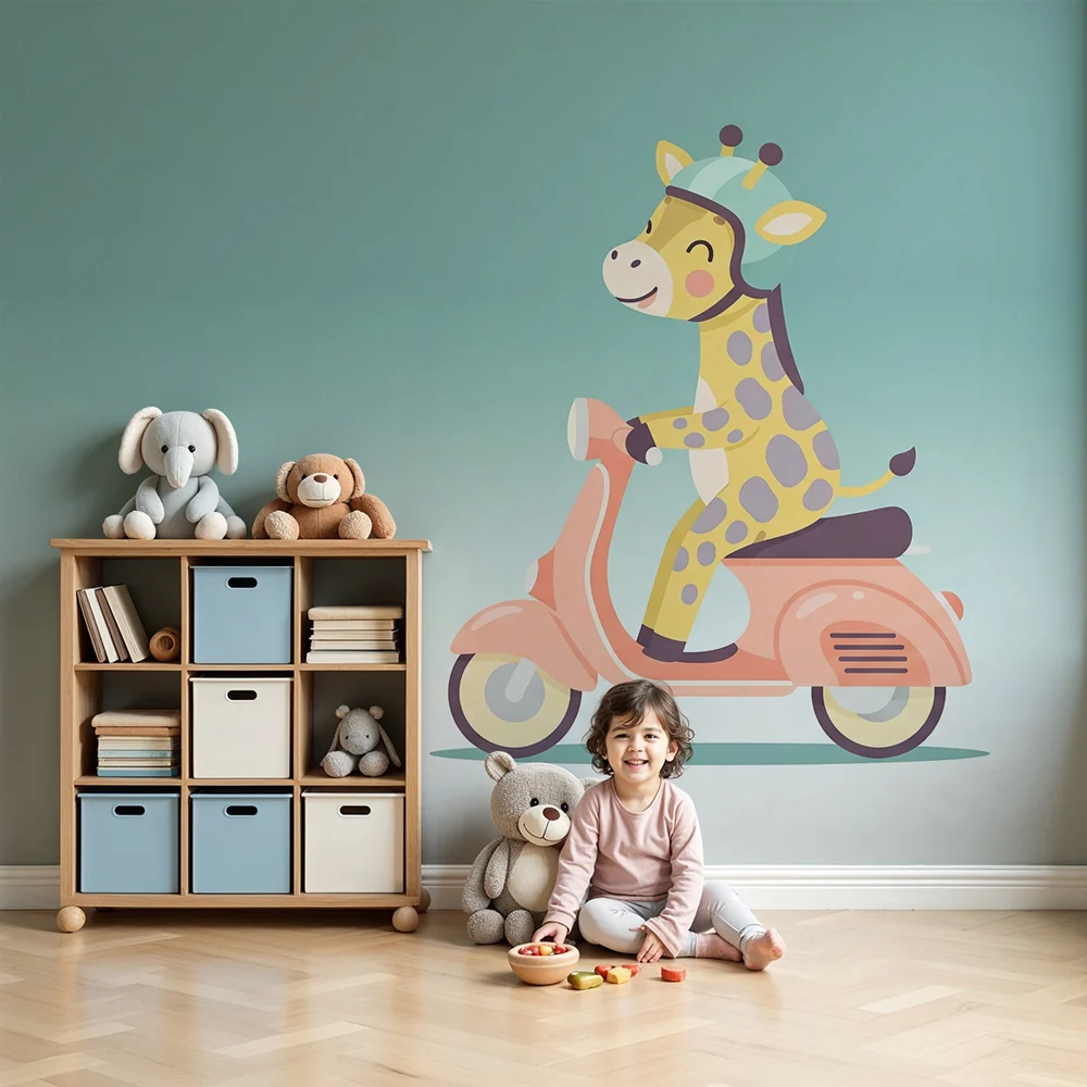 Tapet barnerom | Glad giraff på scooter