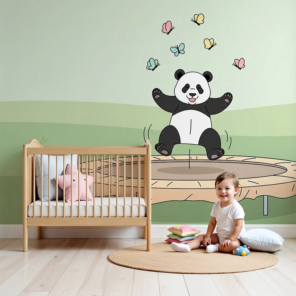 Tapet barnerom | Glad panda på trampoline