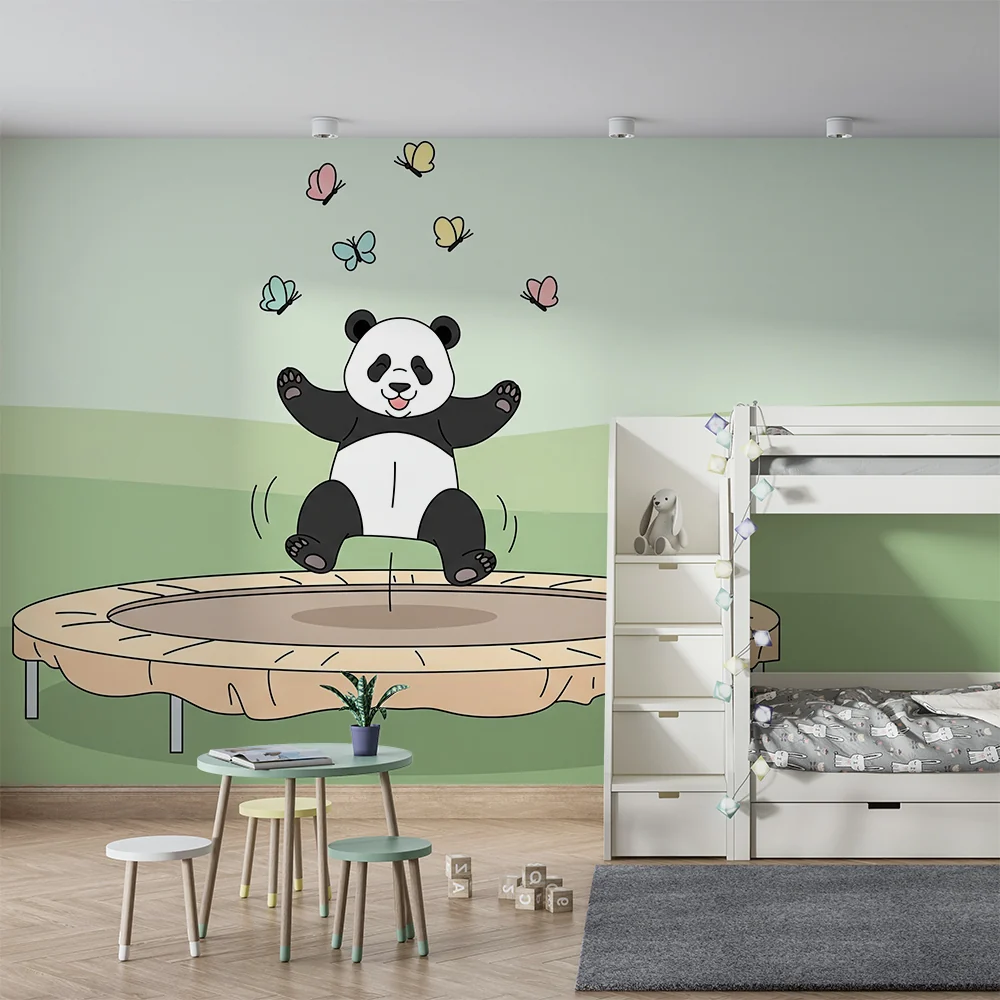 Tapet barnerom | Glad panda på trampoline
