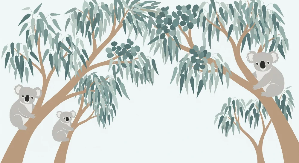 Tapet barnerom | Leken koalaer i en eukalyptus-dekor