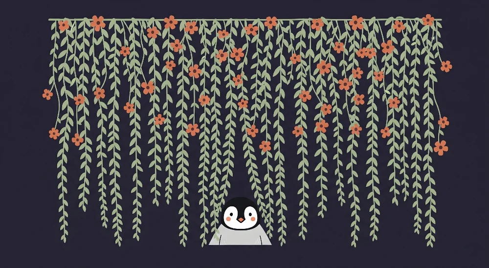 Tapet barnerom | Leken pingvin under blomstrende løvverk