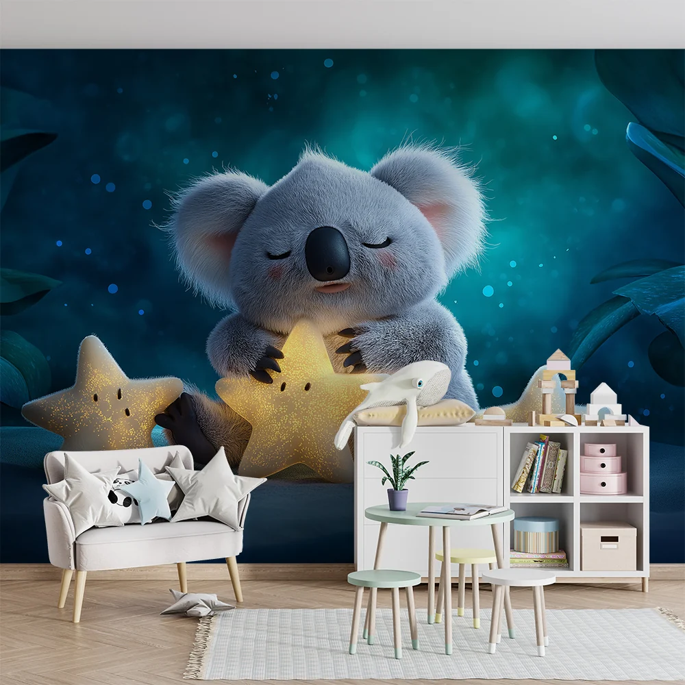 Tapet barnerom | Liten kosete koala med lysende stjerner