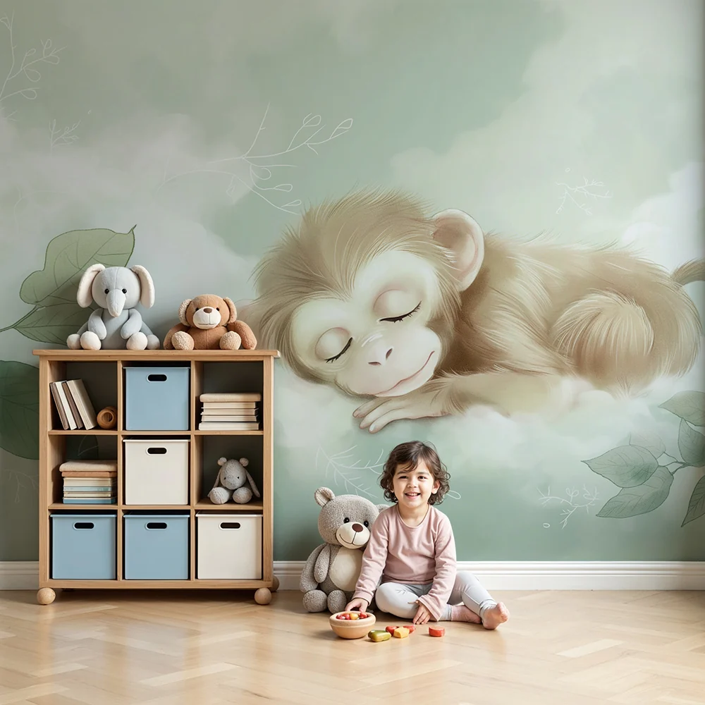 Tapet barnerom | Liten sovende ape blant myke blader