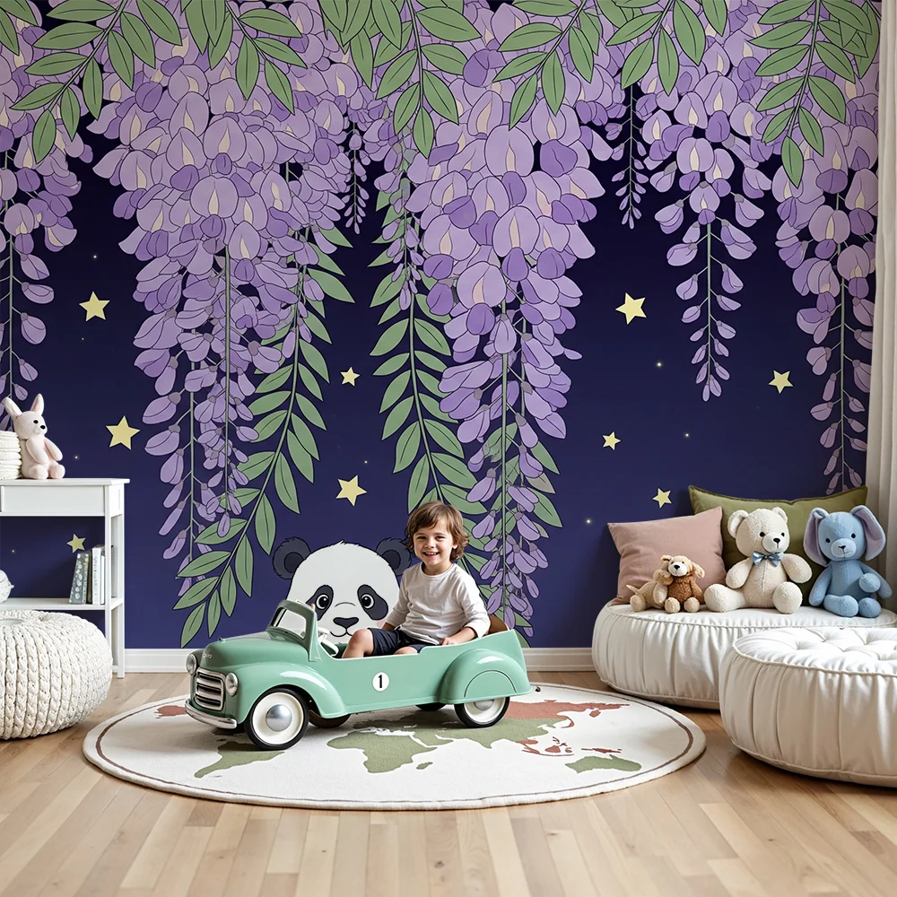 Tapet barnerom | Nysgjerrig panda under blomster og stjerner