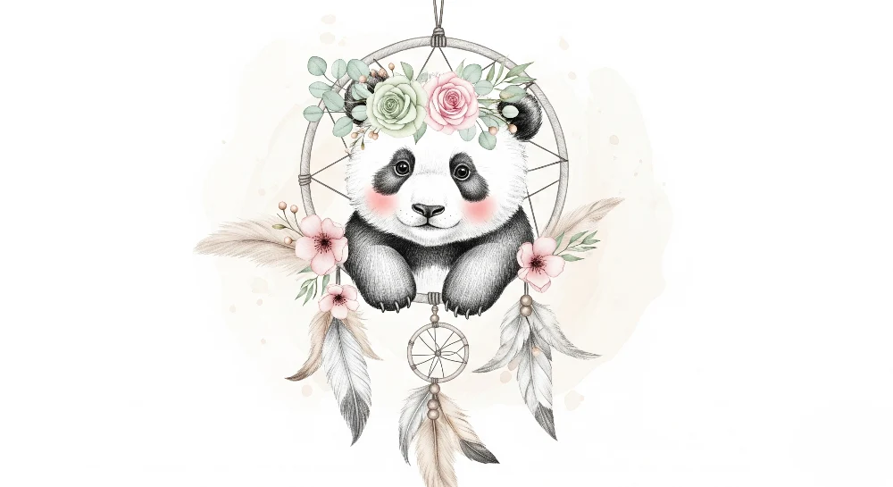 Tapet barnerom | Søt panda og delikate blomster