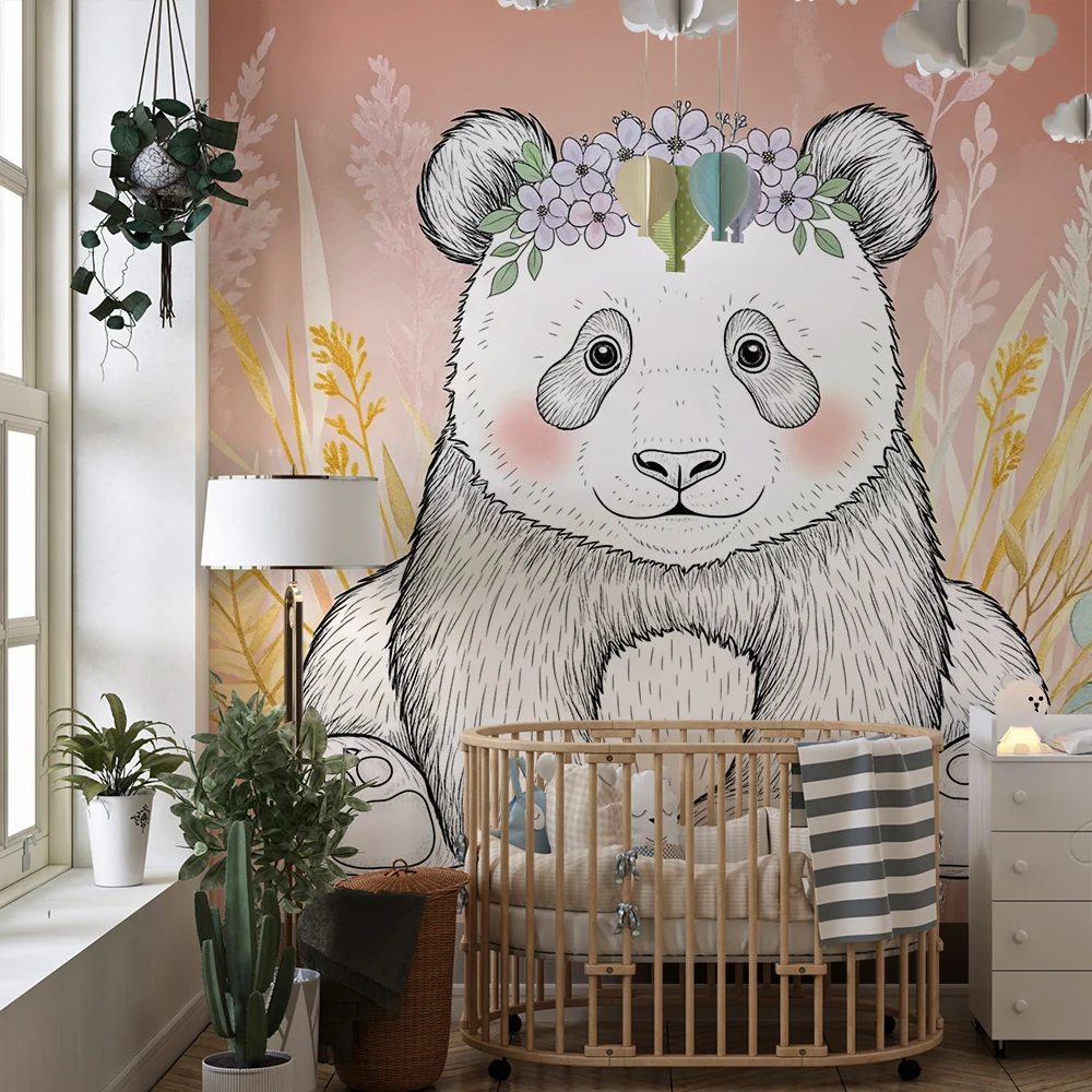 Tapet barnerom | Søt panda med blomster og løv