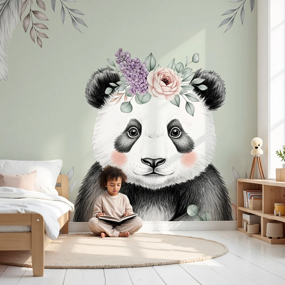 Tapet barnerom | Søt panda med blomster