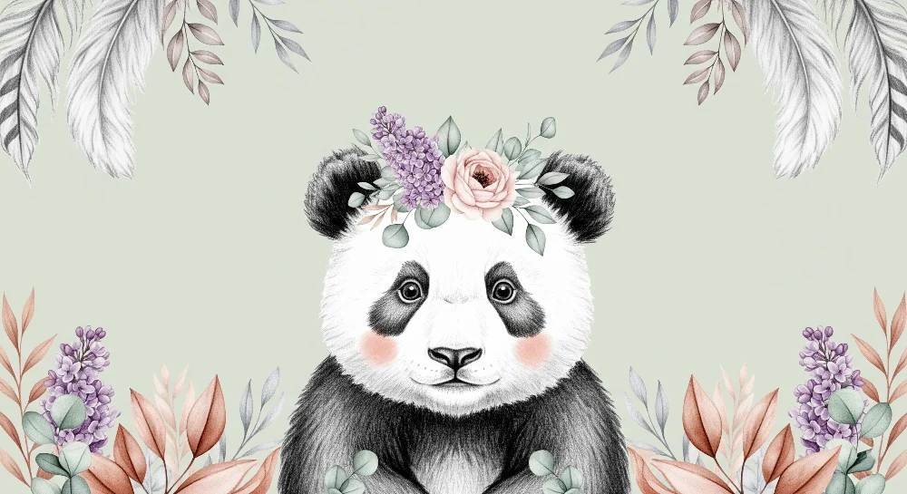 Tapet barnerom | Søt panda med blomster