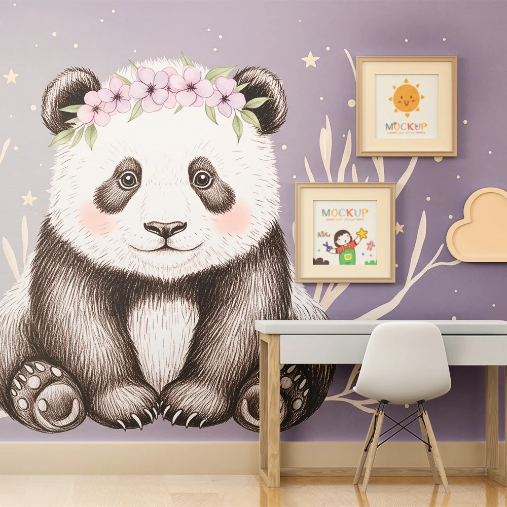 Tapet barnerom | Søt panda med blomsterkrone