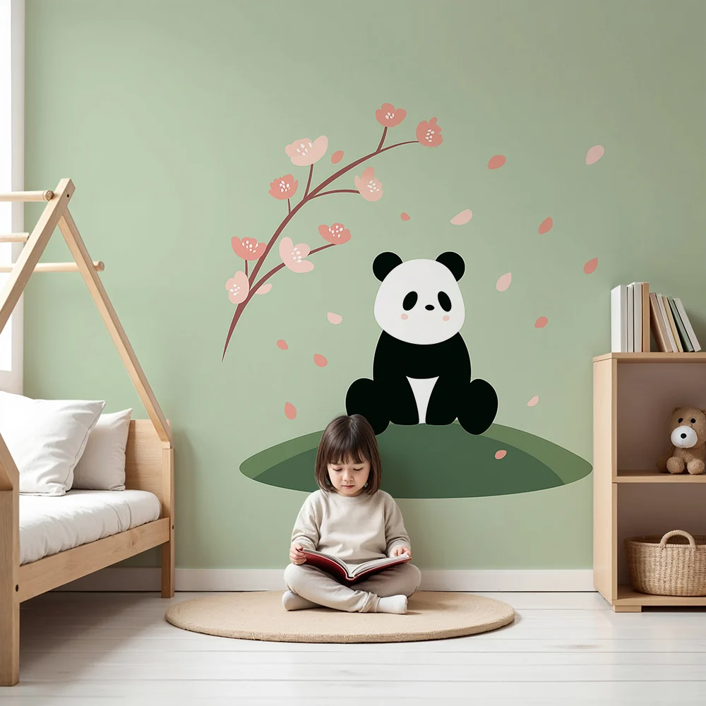 Tapet barnerom | Søt panda under et blomstrende kirsebærtre