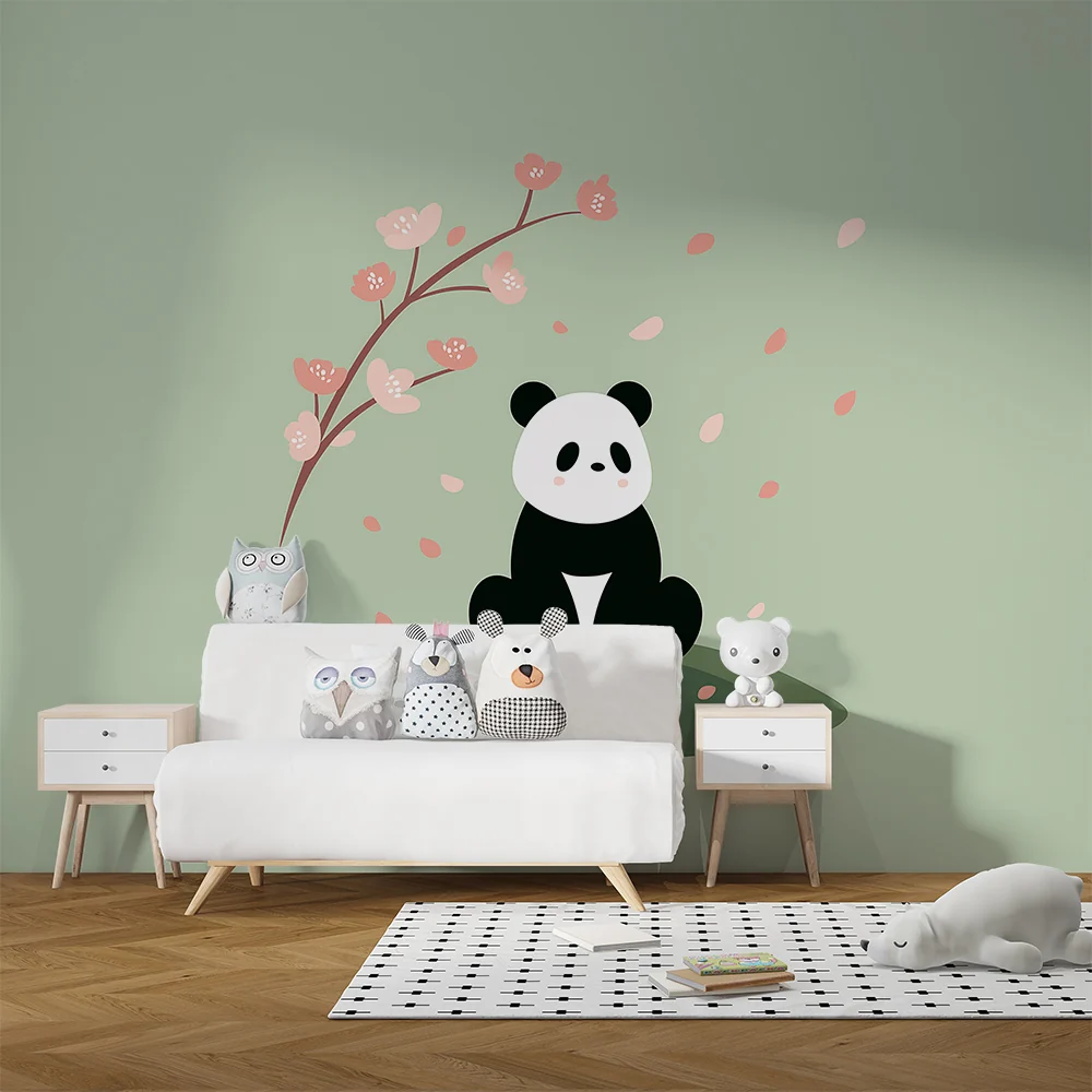 Tapet barnerom | Søt panda under et blomstrende kirsebærtre