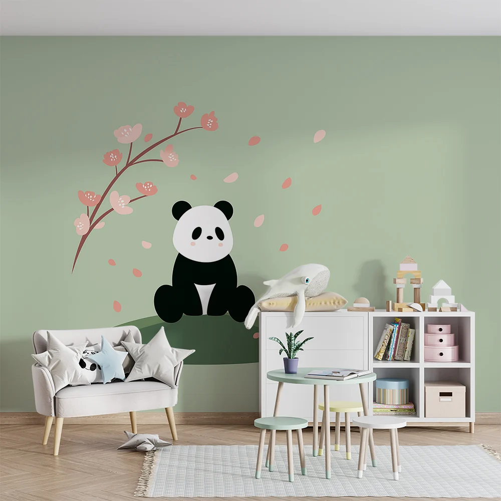 Tapet barnerom | Søt panda under et blomstrende kirsebærtre