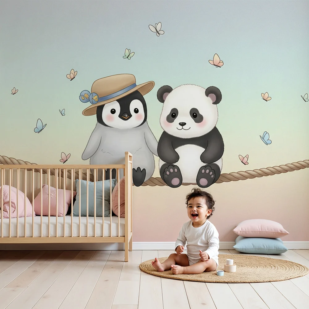 Tapet barnerom | Pingvin og panda venner under sommerfugler