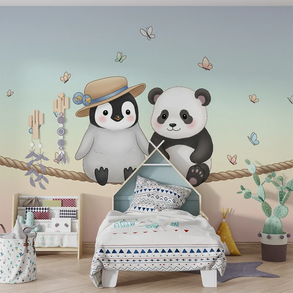 Tapet barnerom | Pingvin og panda venner under sommerfugler