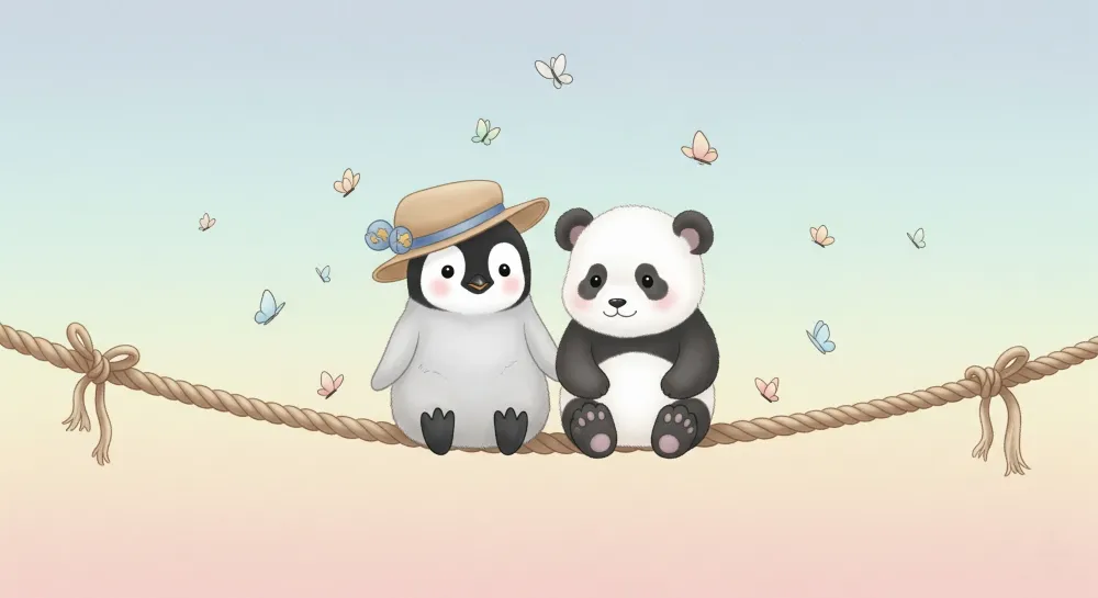 Tapet barnerom | Pingvin og panda venner under sommerfugler