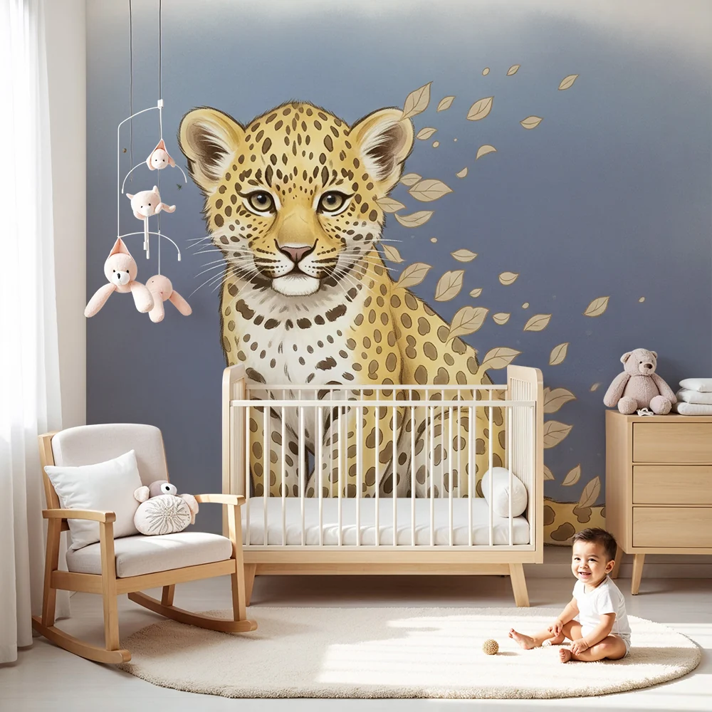 Tapet barnerom | Sjarmerende leopard og lette blader