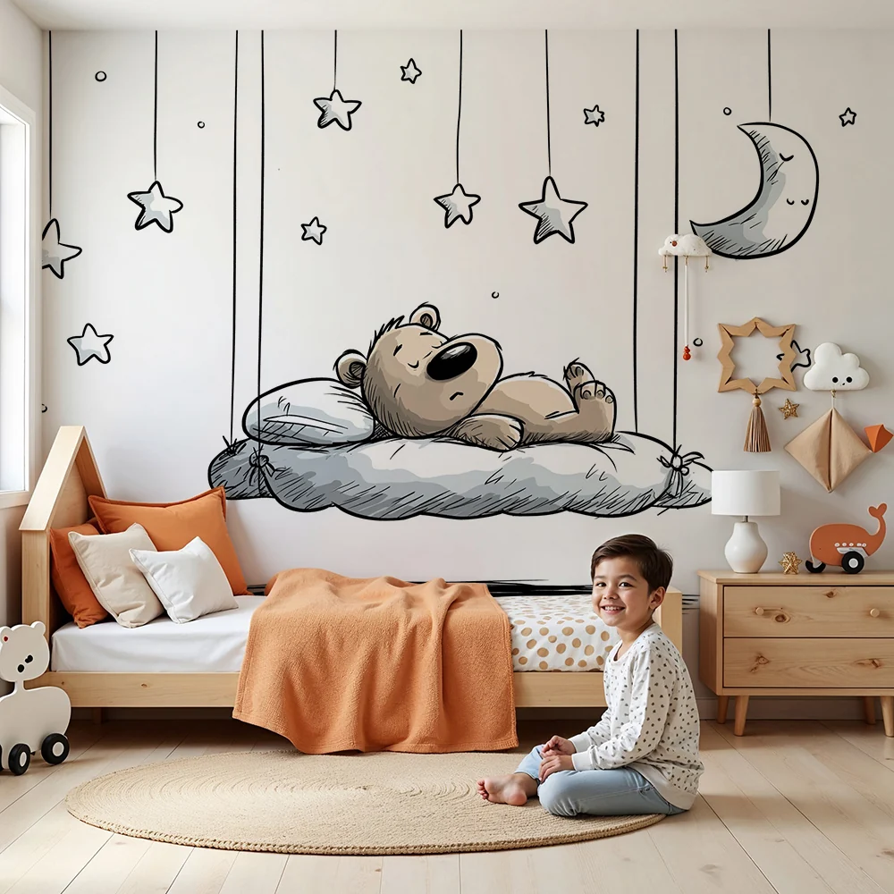 Tapet barnerom | Sovende bjørn blant stjernene og månen