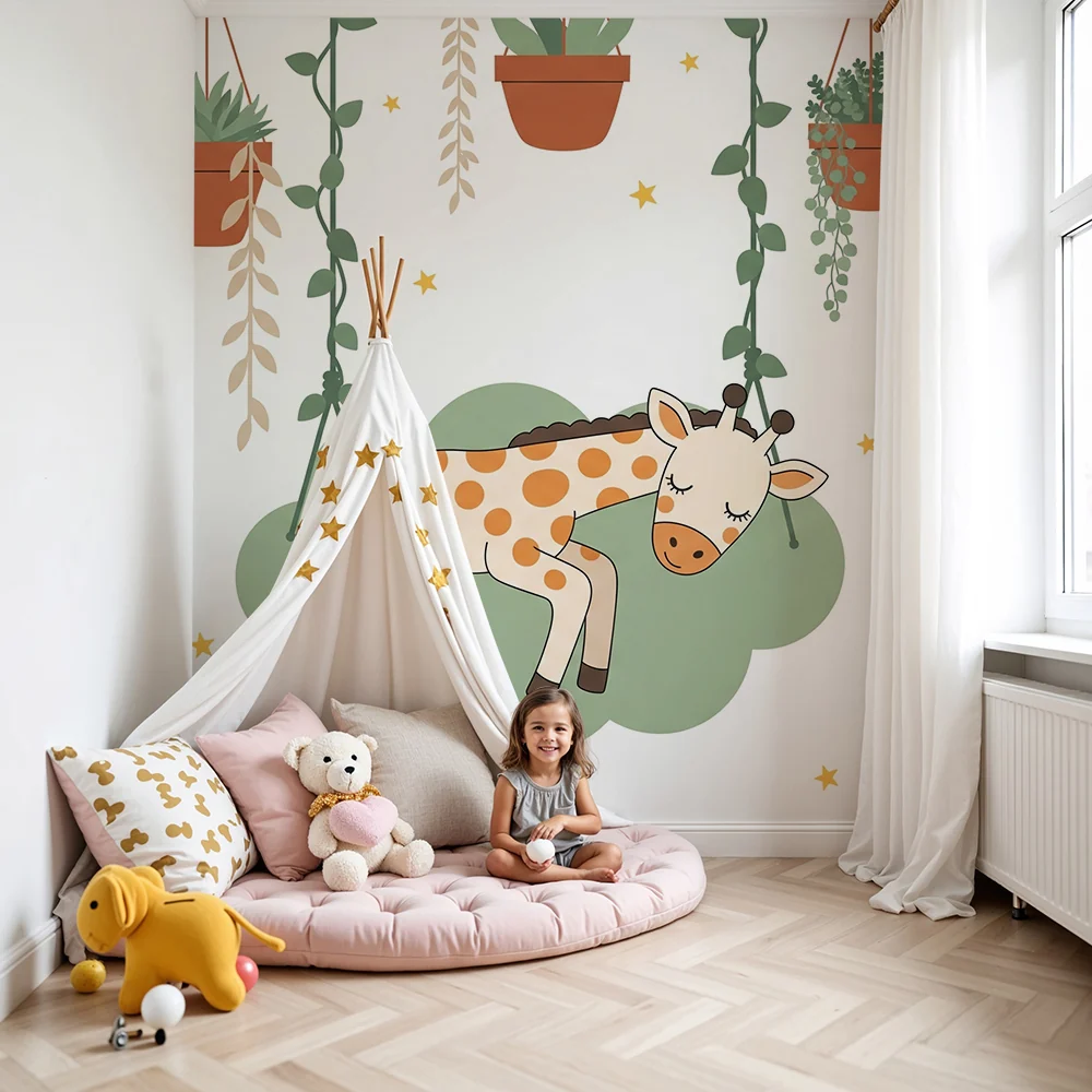 Tapet barnerom | Sovende giraff og hengende planter
