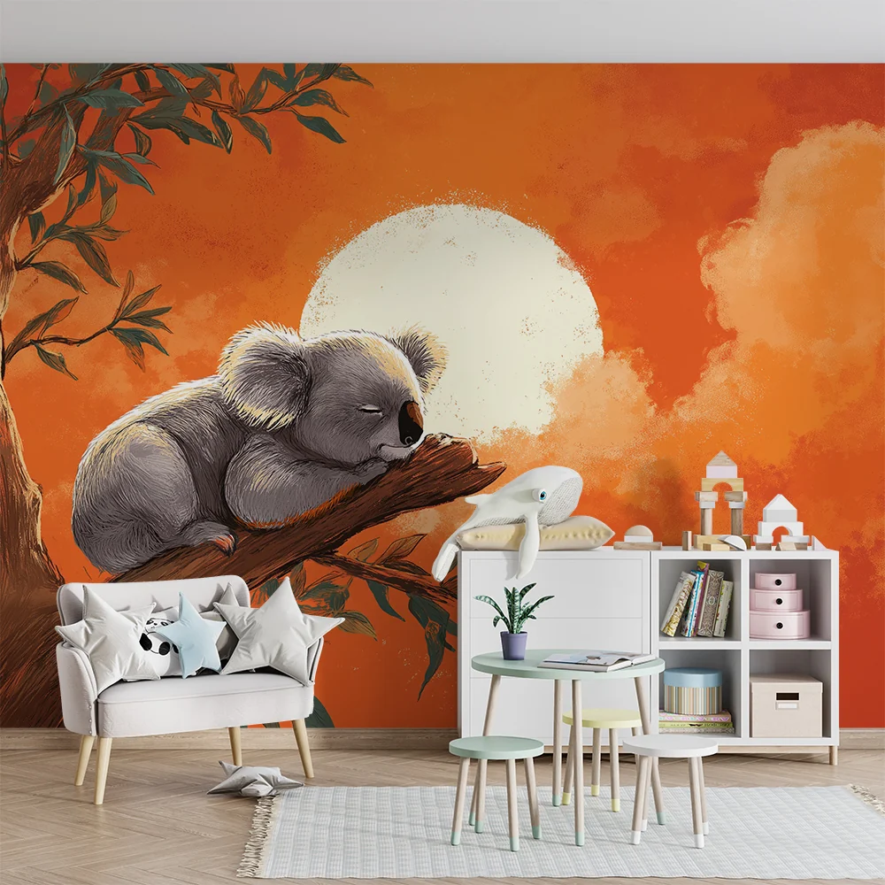 Tapet barnerom | Sovende koala under en oransje himmel