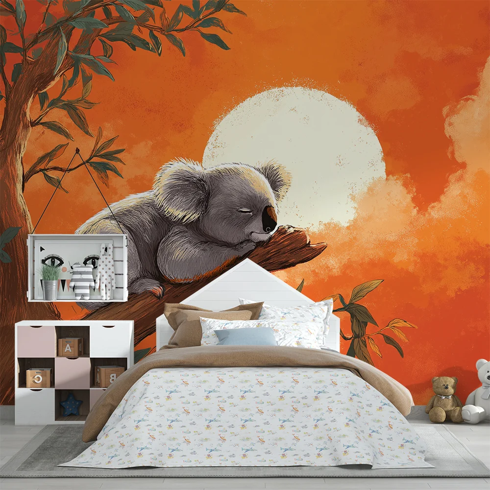 Tapet barnerom | Sovende koala under en oransje himmel