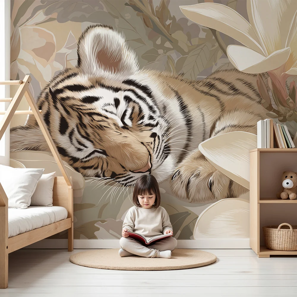 Tapet barnerom | Sovende tiger blant delikate blomster