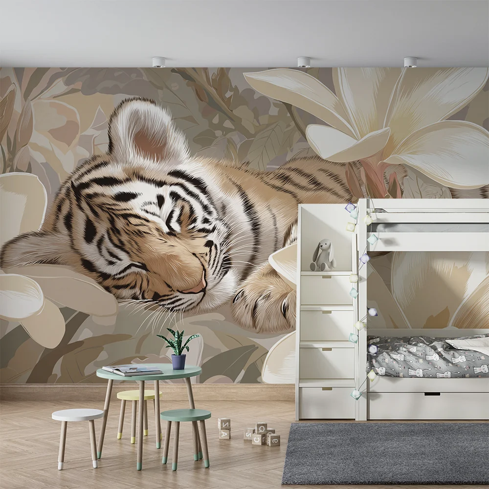Tapet barnerom | Sovende tiger blant delikate blomster