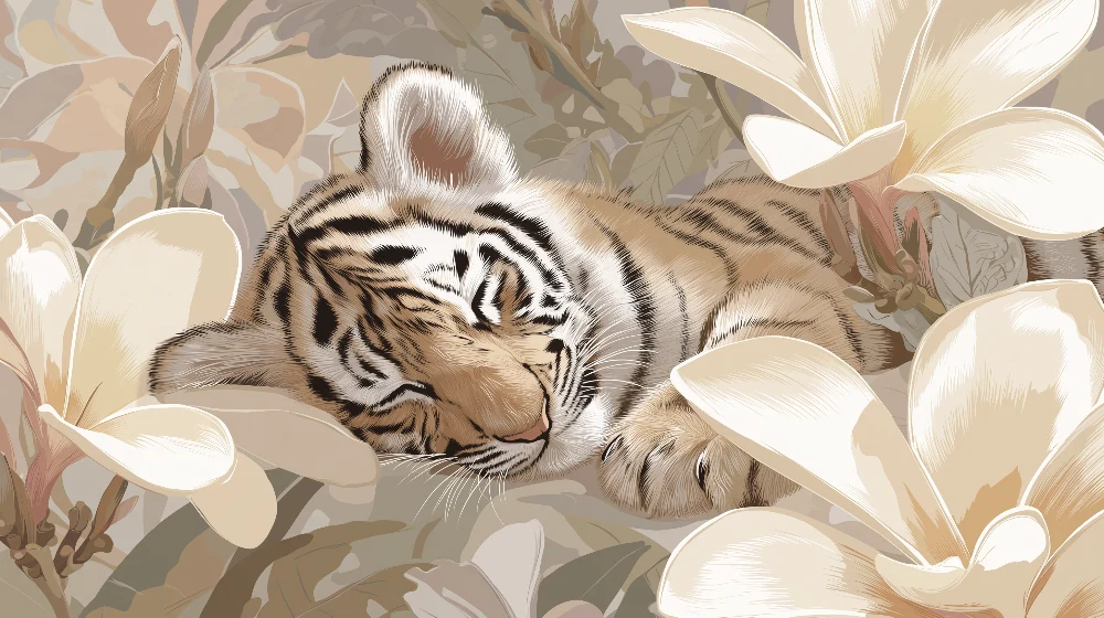 Tapet barnerom | Sovende tiger blant delikate blomster