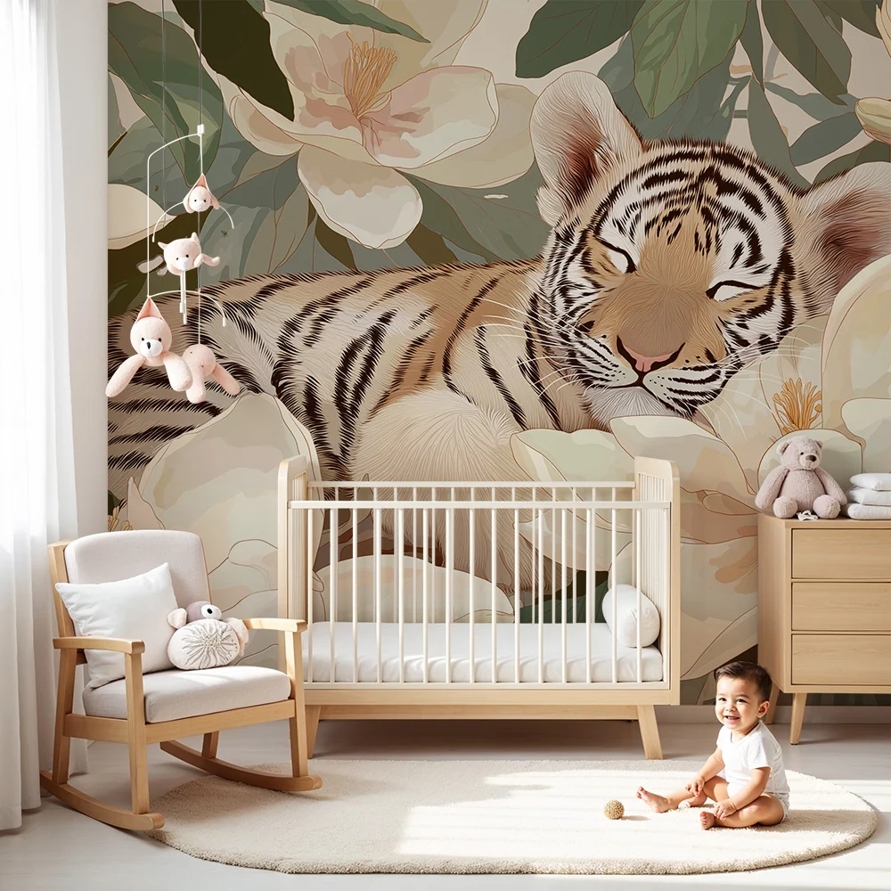 Tapet barnerom | Sovende tiger blant magnolia blomster