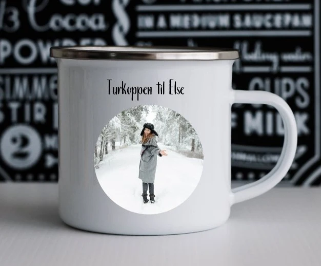 Emaljekopp med eget bilde, logo og tekst