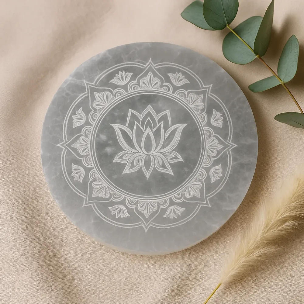 Selenitt ladeplate lotusmandala 10 cm